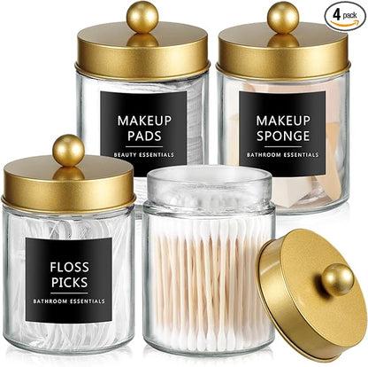 SheeChung Qtip Dispenser Holder 4pcs, Glass Apothecary Jars with Gold Stainless Steel Lids &Stickers, Countertop Canister Guest Bathroom Storage Organizer Set for Cotton Swabs/Balls/Pads, Floss Picks
