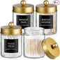 SheeChung Qtip Dispenser Holder 4pcs, Glass Apothecary Jars with Gold Stainless Steel Lids &Stickers, Countertop Canister Guest Bathroom Storage Organizer Set for Cotton Swabs/Balls/Pads, Floss Picks