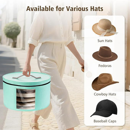 HEAVYWOOD Hat Box for Women Storage Travel Felt Hats Case for Wide-Brim Cowboy Hats Storage Foldable Organizer for Closet Large Round Hat Carrier with Portable Handle (Blue)