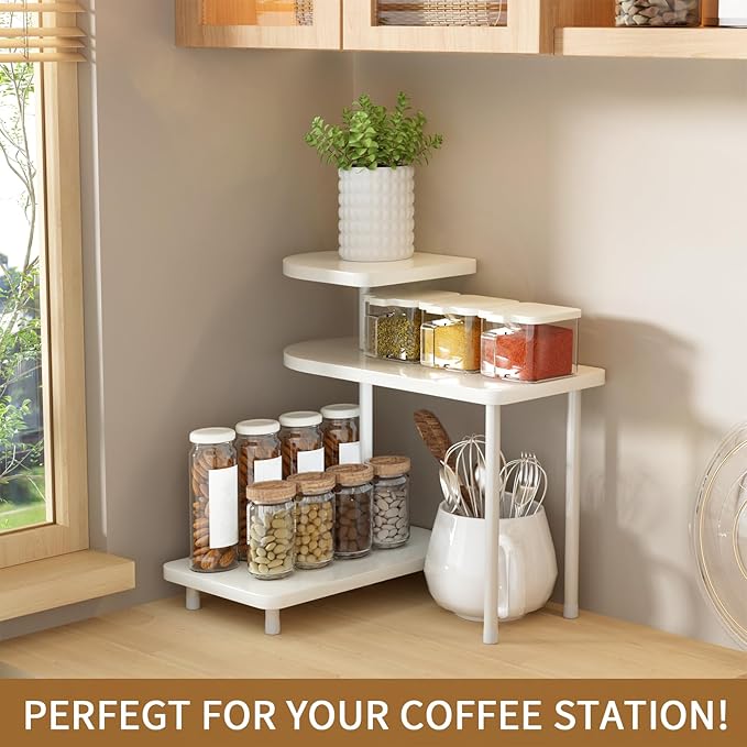 REFGY 3-Tier Corner Bathroom Counter Organizer, Adjustable Multi-Layer Vanity Storage Shelf with Natural Wood-Texture, Versatile Makeup & Perfume Holder for Kitchen, Bedroom & Home Office, White