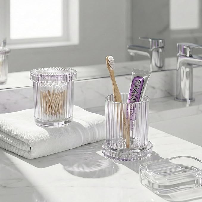 2 Pack Glass Qtip Holder Dispenser - Bathroom Organizers and Storage, Clear Apothecary Jars Set, Bathroom Essentials Accessories Decor, Vanity Makeup Storage Organizer (Clear)