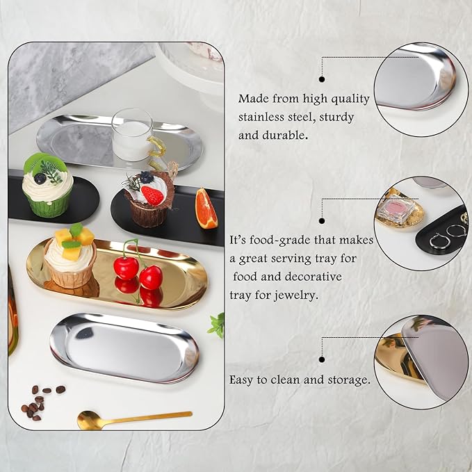 IBWell 2 pcs Gold Decorative Serving Tray for Bathroom, Small Jewelry Tray, Long Tray, Gold Jewelry Tray, Jewelry Bowl Dish Decorative Bathroom Tray-8.9”