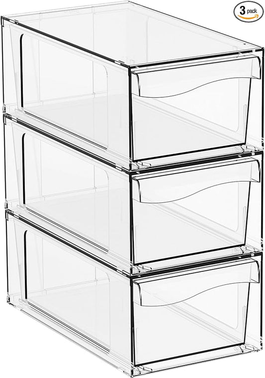 Yieach 3 Pack Clear Stackable Storage Drawers,4.5" Tall Acrylic Makeup Organizer Drawers and Medicine Cabinet Organizers,Pull Out Plastic Bathroom Closet Organizer for Hair Clip,Baby Bottle,Pacifier