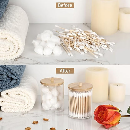 Hipiwe 2 Packs Acrylic Qtip Holder Clear Bathroom Dispenser with Lid Plastic Bathroom Canisters Round Apothecary Jar Set Cotton Swab and Ball Storage Organizer for Makeup Sponges, Bath Salts