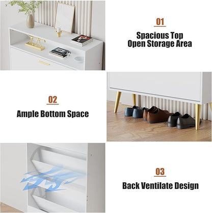 JOZZBY Shoe Cabinet for Entryway, White Narrow Shoe Storage Cabinet with 2 Flip Drawers, Freestanding Hidden Shoe Rack Storage with Open Shelves for Hallway, Living Room, Set of 2