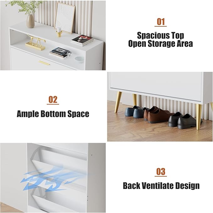 JOZZBY Shoe Cabinet for Entryway, White Narrow Shoe Storage Cabinet with 2 Flip Drawers, Freestanding Hidden Shoe Rack Storage with Open Shelves for Hallway, Living Room