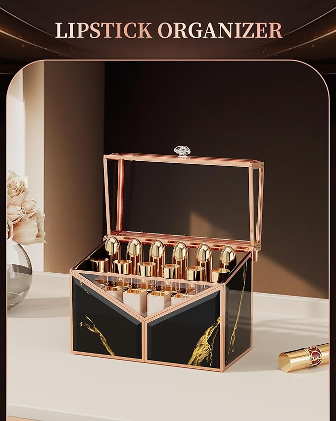 CoralHouse Lipstick Organizer - Black Glass Lipstick Holder & Nail Polish Organizer, 18-Slot Vanity Cosmetic Organizer with Removable Dividers,