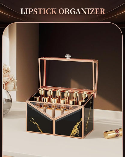 CoralHouse Lipstick Organizer - Black Glass Lipstick Holder & Nail Polish Organizer, 18-Slot Vanity Cosmetic Organizer with Removable Dividers,