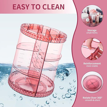 V-HANVER 360 Rotating Makeup Organizer Perfume Organizer Pink Cosmetic Storage Display Case Large Capacity Acrylic Beauty Holder Adjustable Partition Height for Bedroom Dresser or Bathroom Vanity
