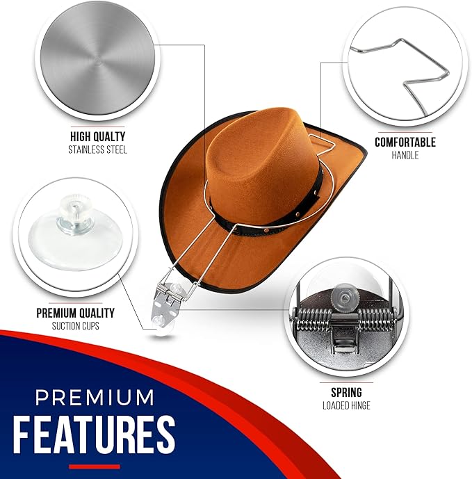 Cowboy Hat Holder - Hat Rack Clip for Western Hats - For Cars, Trucks and Vans - Complete with Suction Cups
