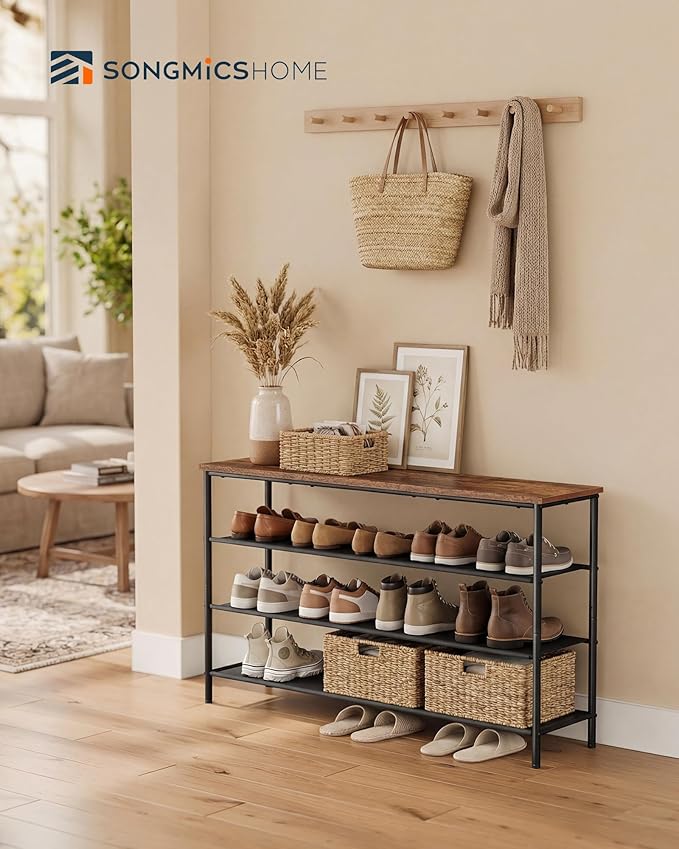 SONGMICS HOME 4-Tier Shoe Rack, Free Standing Shoe Storage Organizer, 12 x 47.4 x 28.2 Inches, Metal Frame with Top Surface for Closet Entryway, Rustic Brown and Black