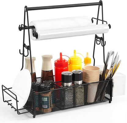 Grill Caddy, BBQ Caddy with Paper Towel Holder and 2 Hooks, Grill Utensil Organizer for Camping Outdoor Barbecue Accessories Organizer, Grilling Gifts for Men