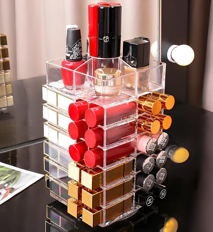 Sooyee 360 Degree Spinning Lipstick Organizer Holder 53 Spaces, Acrylic Cosmetic Display Cases for Lipstick, Brushes, Bottles, and More, Clear