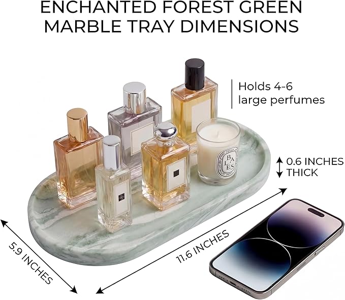 YKAJO Oval Real Marble Tray for Bathroom Kitchen Counter Stone Decorative Vanity Tray for Dresser Perfume Heavy Catchall Organizer for Soap Jewelry (Botanical Green, 11.8" x 5.9")