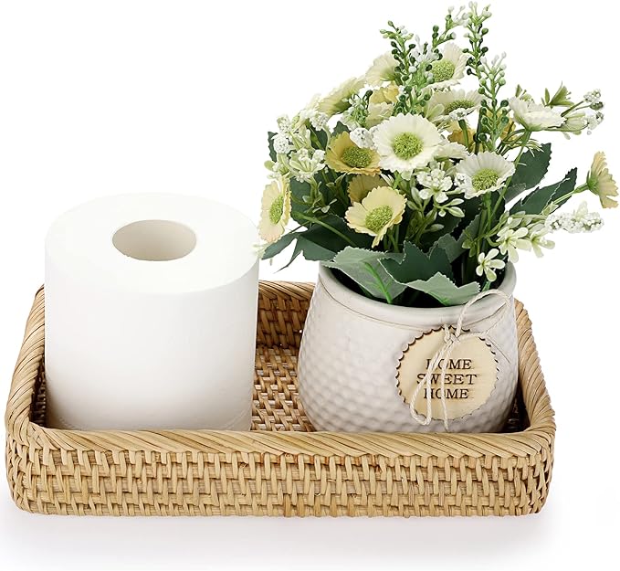 Sumnacon 10 Inch Rattan Bathroom Vanity Tray - Decorative Wicker Toilet Tank Tray for Paper Hand Towel, Vintage Storage Basket Bin for Bathroom Kitchen Toilet Tank Vanity Countertop Table Shelf