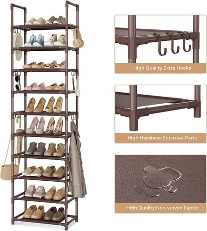 VTRIN 10 Tiers Tall Shoe Rack Holds 20-25 Pairs of Shoes Sturdy Vertical Shoe Organizer with 18pcs Hooks Stackable Narrow Shoe Rack for Closet, Entryway Brown