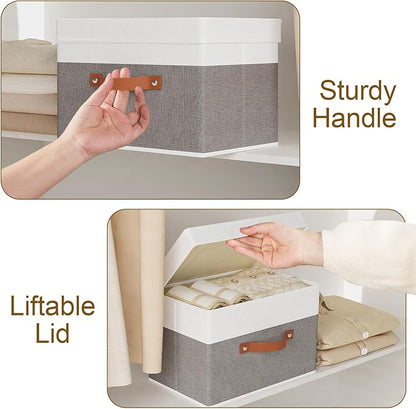 Fabric Storage Bins with Lids, Linen Collapsible Boxes, Storage Baskets with Double Handles, White and Grey, 5 Pack, 13 x 9.1 x 7.9 Inch