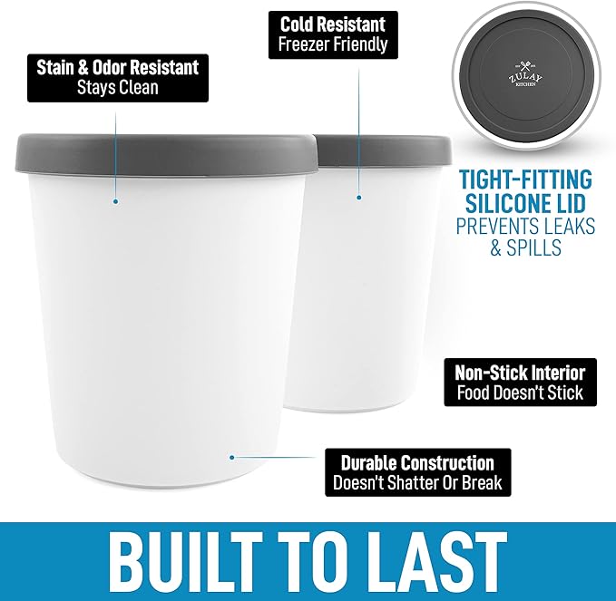 Zulay [2 Pack - 1 Quart Each] Large Ice Cream Containers For Homemade Ice Cream - Reusable Ice Cream Container Set with Lids - Ice Cream Pint Containers For Sorbet, Gelato, Frozen Yogurt (Gray)