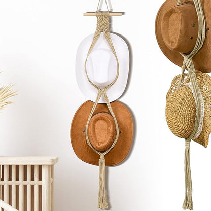 Yulejo Macrame Hat Hangers Racks Boho Cowboy Hats Holders Western Display Organizer Storage decor Back of Door for Wall(Beige,Two Hats Style)
