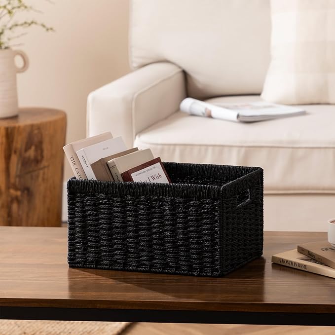joybest Black Wicker Baskets for Shelves, 13.4L x 8.3W x 7.1H inch Hand-woven Storage Baskets for Pantry Organizing, Foldable Rectangular Bin with Handles, 2-pack