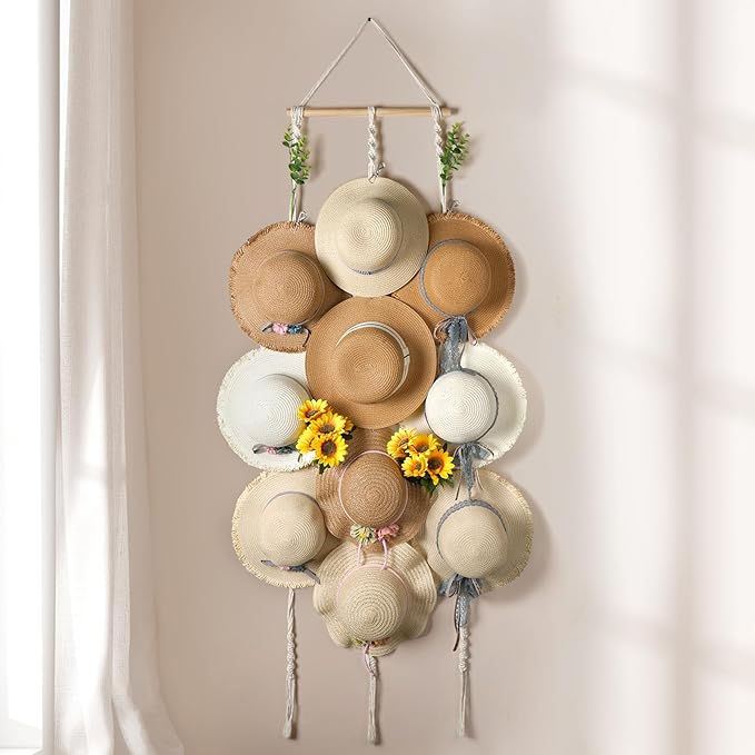 Macrame Hat Hangers for Wall Wide Brimmed Hat Holder Storage 10 Clips Hat Rack Organizer for Wall Display Boho Decor for Fedora Sun Hats Straw Panama Closet Bedroom Gifts for Mom