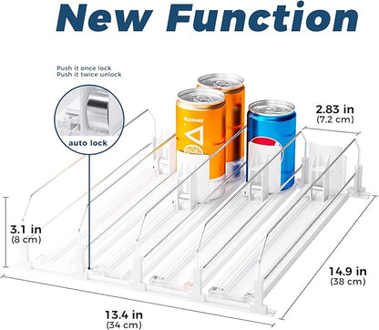 Puricon Drink Organizer for Fridge - Spring Loaded Pusher Glide, Self Pushing Soda Can Dispenser, Beer Bottle Beverage Holder for Refrigerator - 4 Rows, White
