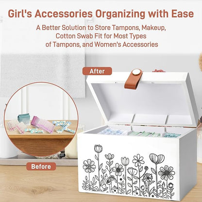 100% Solid Wood Tampon Holder Box with Lid, Copper Leather Pull, Absolute Real Wood Bathroom Decorative Box for Feminine Product Storage and Accessories such as Tampons, Cotton Balls, Gifts for Women
