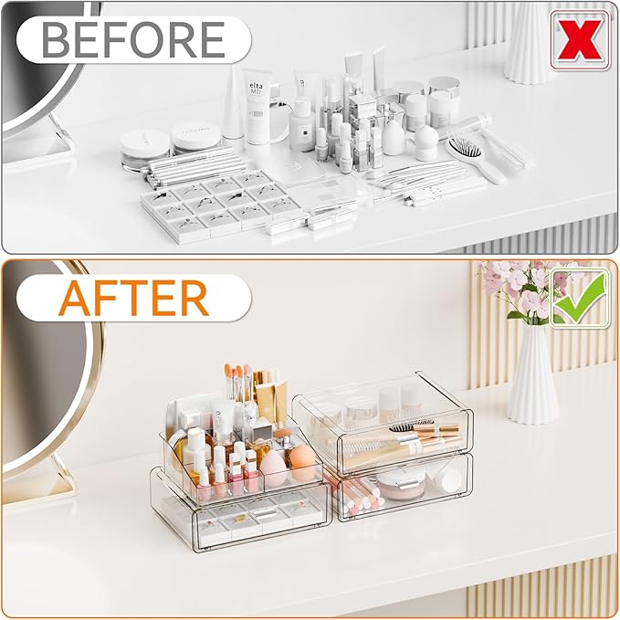 Yieach 4 Tier Clear Acrylic Makeup Organizers with Drawers,Tiered Countertop Make up Storage Organizer for Dresser Top and Bathroom Vanity,Plastic Makeup Stand for Brush,Skincare,Beauty Organizers