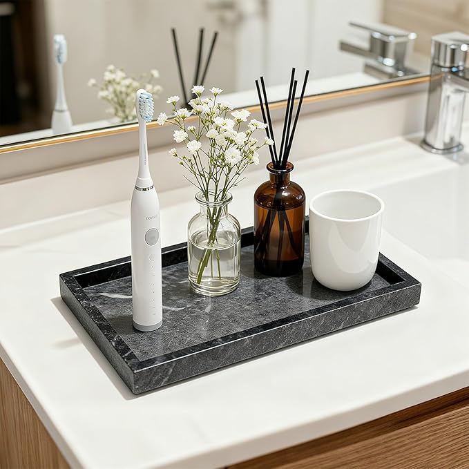Pure Natural Marble Tray for Bathroom, Dresser, Sink. Cosmetics, toiletries, perfumes, Jewelry, Candles, etc. can be Placed (Ocean Wave Gray, 12" x 8" x 1.2")