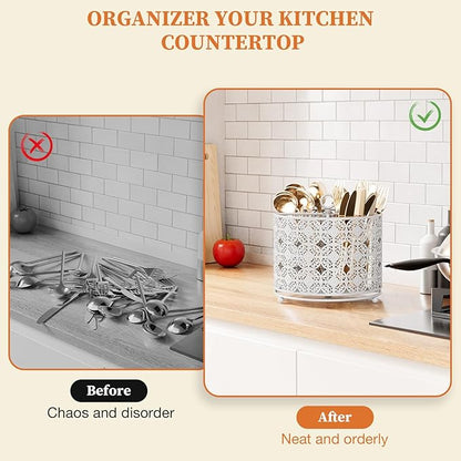 YIUKEA Rotating Utensil Caddy Holder - Higher Raised Cutlery Caddy Countertop - Metal Silverware Caddy Organizer with 4 Compartment for Kitchen Counter Party Office white