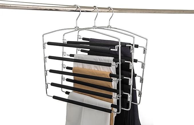 30 Pack Quality Multi Hangers, Space-Saving Multi-Bar Metal Pants Hangers, Stable with Non-Slip Foam Padding, Swivel Hook for 5 Jeans Each, Suit Pants, Scarves, Towels, Trousers