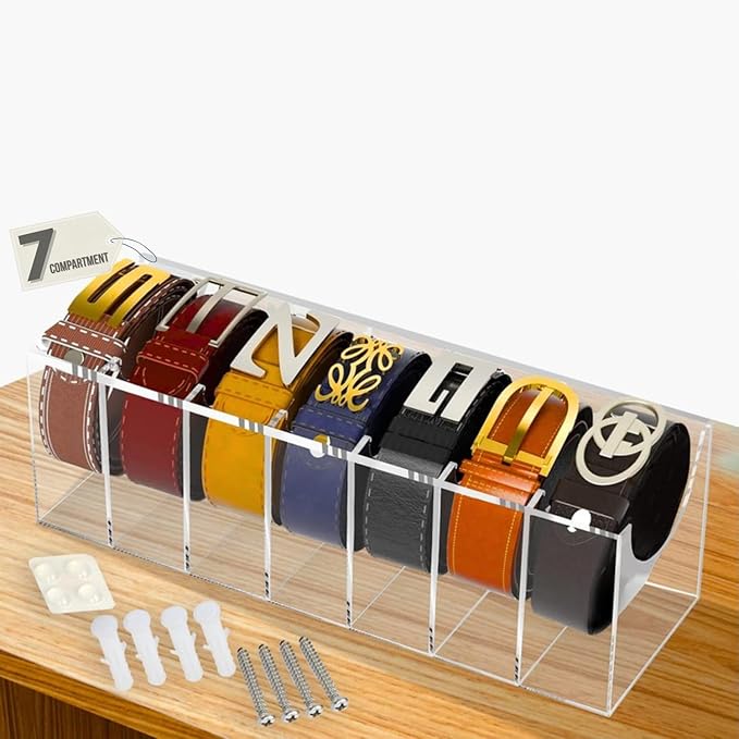 Acrylic Belt Organizer with 7 Compartments – Clear Belt Container Display Holder for Closet or Drawer, Ideal Storage Box for Belts, Ties, and Accessories for Men and Women, Home Use