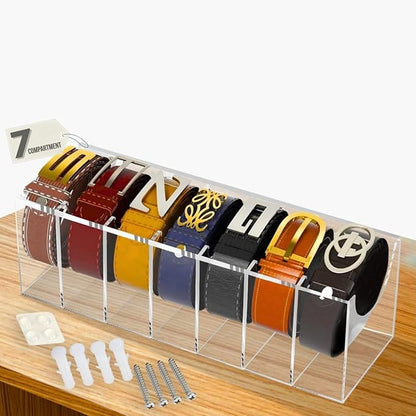 Acrylic Belt Organizer with 7 Compartments – Clear Belt Container Display Holder for Closet or Drawer, Ideal Storage Box for Belts, Ties, and Accessories for Men and Women, Home Use