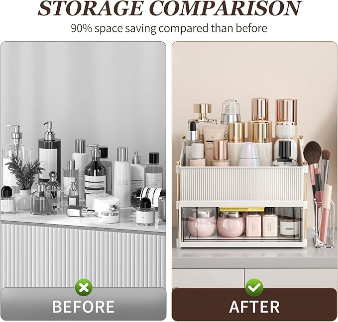 INVSSENE Stackable Makeup Organizer Countertop, Storage Perfume Skincare Cosmetic Lipstick Face Mask Makeup Brush Palettes, Ideal for Vanity Bathroom Counter