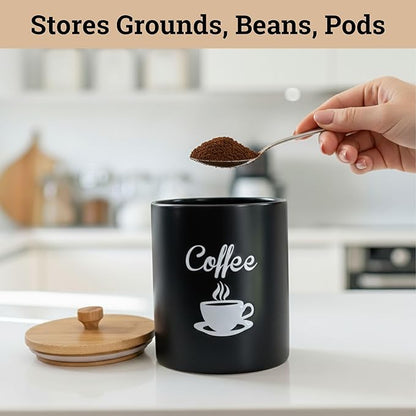 Ceramic Coffee Canister - 12 oz Black Airtight Canister - 5 x 6 inch Coffee Bean Storage Container - Stylish Countertop Container for Grounds, Beans, Pods & More with Rubber-Lined Bamboo Lid