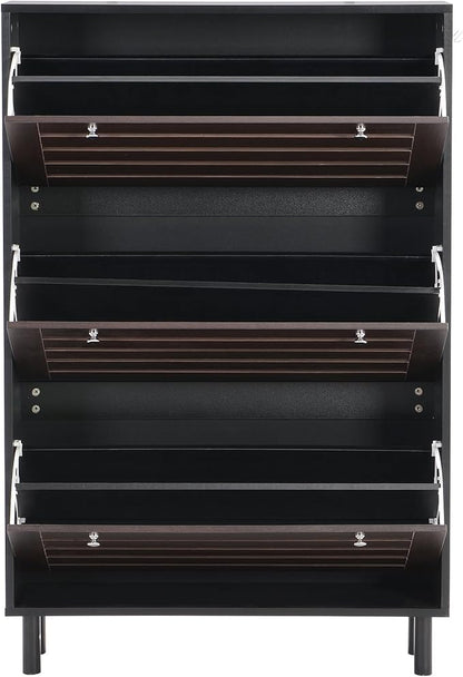 Classic Shoe Cabinet with 3 Flip Doors Free-Standing Wooden Shoe Rack Shoe Storage Organizer for Entryway Hallway Small Space (Black&Dark Brown)