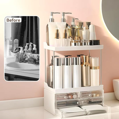 Bathroom Organizers and Storage, 5-Tier 4-Drawer Makeup Organizer Countertop, Multi-Purpose Large Makeup Vanity Organizer, Hair Product, Perfume & Skincare Storage, White