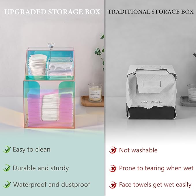 Disposable Facial Towels Storage Compatible with Clean Skin Club Clean Towel XL Double Layer Acrylic Box Cotton Pads Container Qtip Bin Face Towelettes Holder for Bathroom Counter, Glossy Rainbow