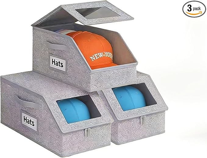 3 Pack Hat Organizer Box for Women & Men, Foldable Storage Box with Clear Lid for Baseball, Cowboy Caps, Stackable Clear Hat Organizer, Store up to 42 Caps, Grey