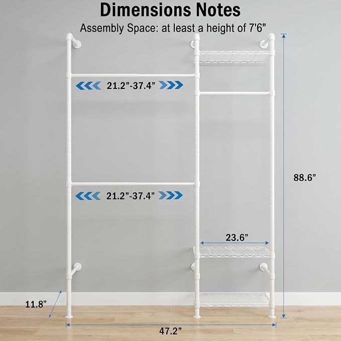 Wall Mounted Closet System – Adjustable Clothing Rack with 2 Expandable Rods & 3 Shelves, Heavy Duty Industrial Pipe Clothes Rack for Closet Organizer and Storage, White