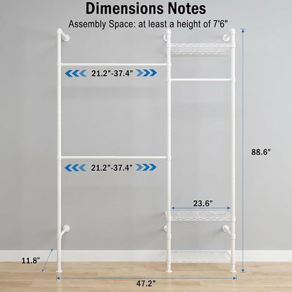 Wall Mounted Closet System – Adjustable Clothing Rack with 2 Expandable Rods & 3 Shelves, Heavy Duty Industrial Pipe Clothes Rack for Closet Organizer and Storage, White