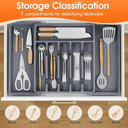 SpaceHacks Silverware Organizer，Adjustable & Expandable Utensil Drawer Organizer, BPA Free Utensil Holder, Cutlery Tray for Forks, Spoons, Knives in Kitchen, Large, Grey