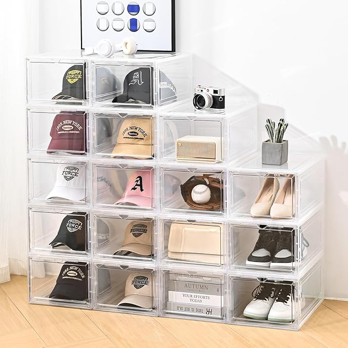 Hat Organizer Box,Stackable Baseball Caps Holder Box Containers with Magnetic Door for Hats Snapback Cap Storag,Clear Hat Storage with Magnetic Door, Holds 8 Hats Each (clear, 1 pack)