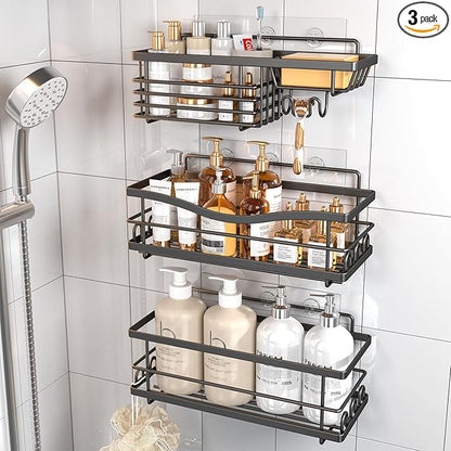 Youvip Shower Caddy, 3 Pack Large Capacity Bathroom Organizers and Storage, No Drilling Adhesive Rustproof Shelves with Soap Holder, Home Decor, Black