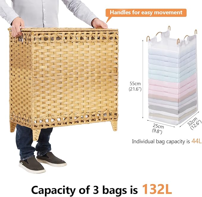 Laundry Hamper with 3 Removable Liner Bags; 132L Handwoven Rattan Laundry Basket with Lid & Heightened Feet; Clothes Hamper with Side Handles; Laundry Sorter with 3 Separate Sections