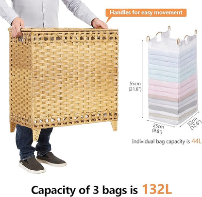 Laundry Hamper with 3 Removable Liner Bags; 132L Handwoven Rattan Laundry Basket with Lid & Heightened Feet; Clothes Hamper with Side Handles; Laundry Sorter with 3 Separate Sections