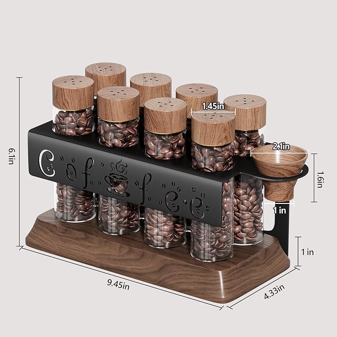 Single Dose Coffee Bean Storage Tubes with One-Way Exhaust Valve,Coffee Bean Container with American Walnut Wood Base,Funnel and Lids,Espresso Bean Storage with 8Pcs Glass Tubes