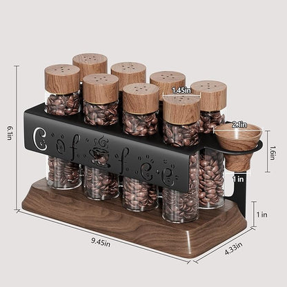 Single Dose Coffee Bean Storage Tubes with One-Way Exhaust Valve,Coffee Bean Container with American Walnut Wood Base,Funnel and Lids,Espresso Bean Storage with 8Pcs Glass Tubes