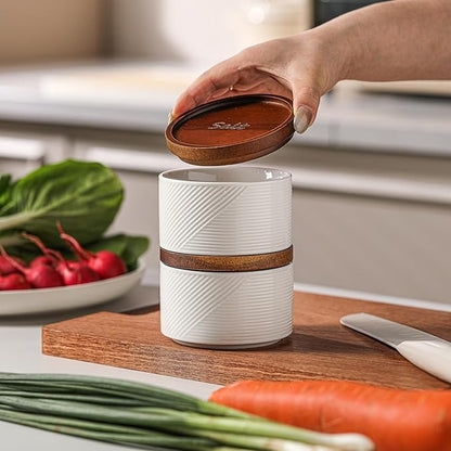 Salt and Pepper Bowls: 10 oz Ceramic Stackable Spice Cellar with Wooden Lid - Stacked Seasoning Storage Containers for Countertop Stovetop - Striped, White