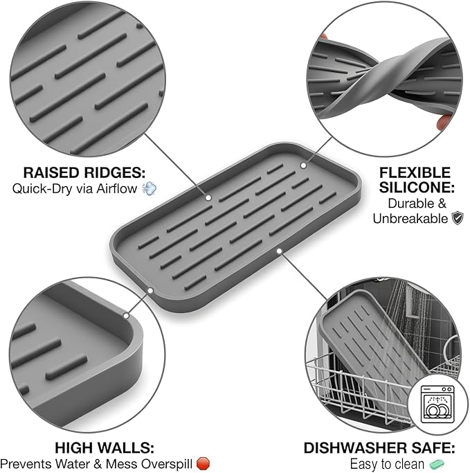 Silicone Organizer Tray, Soap and Sponge Holder for Kitchen Sink, Bathroom - Storage Tray for Dish Brush, Soap Dispenser, Dishwashing Accessories-(Gray 1 Pack, 10"x5.3")